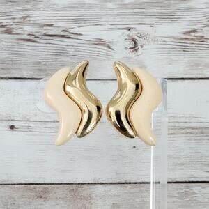 Vintage Clip On Earrings Gold Tone & Beige Large Statement Retro